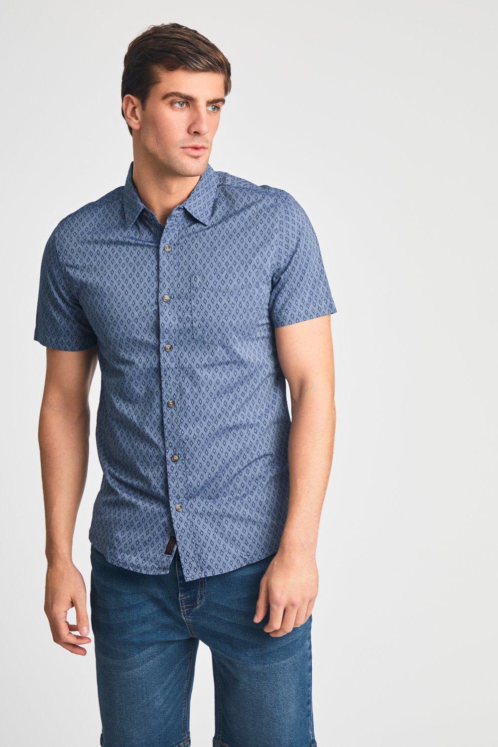 Cotton Printed Chambray Short Sleeve Shirt